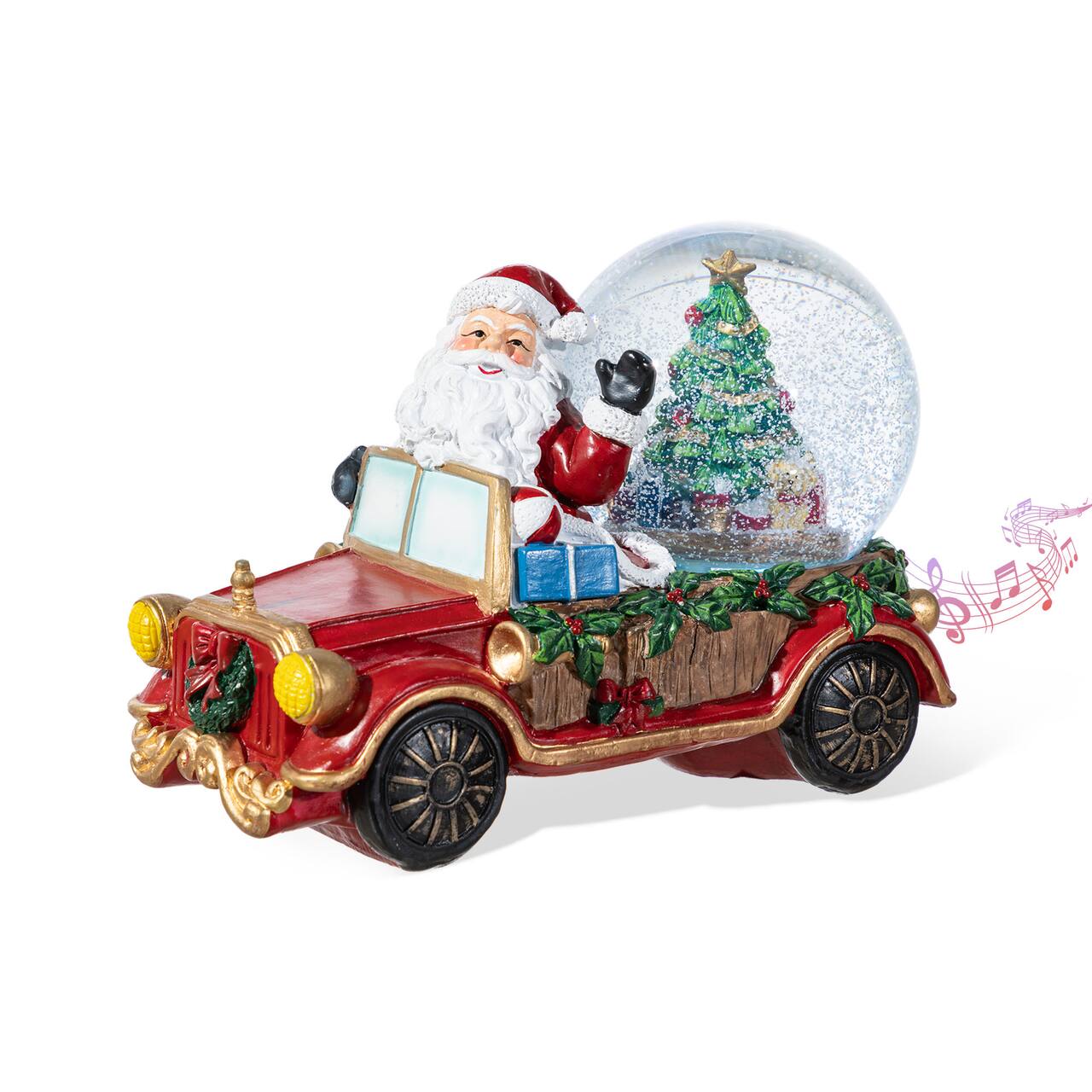 Glitzhome® 100mm Christmas Resin Lighted Musical Snowflakes Santa Car Waterglobe